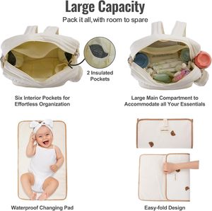 Sac à dos pour couches pour femmes, taille moyenne, avec matelas à langer, poches isothermes, sangles pour poussette et étui pour sucette (Beige moyen) - Product Image 6