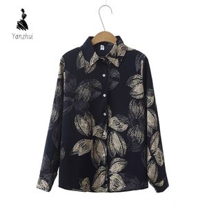 Europe United States Female Wind Floral Print Loose Lapel Long Sleeve <strong>Blouse</strong> <strong>Black</strong> Buttons Stand Collar Front Logo for <strong>Women</strong> - Product Image 1