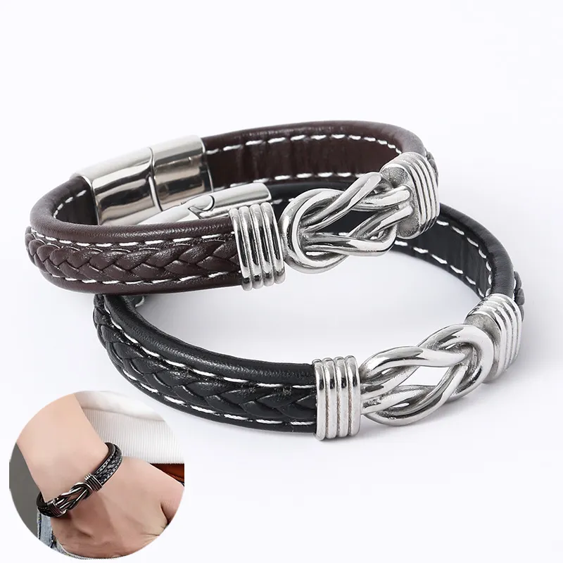 Pulsera de nudo de cuero de acero inoxidable para hombre, regalo para mi hijo, nieto, siempre te amará, pulsera de nudo de cuero trenzado