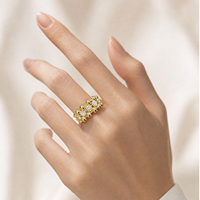 Bague Hailey Style S925 plaqué or lourd, trois rangs de perles bulles serties de diamants, esthétique Princesse Européenne, style influenceur Instagram doux