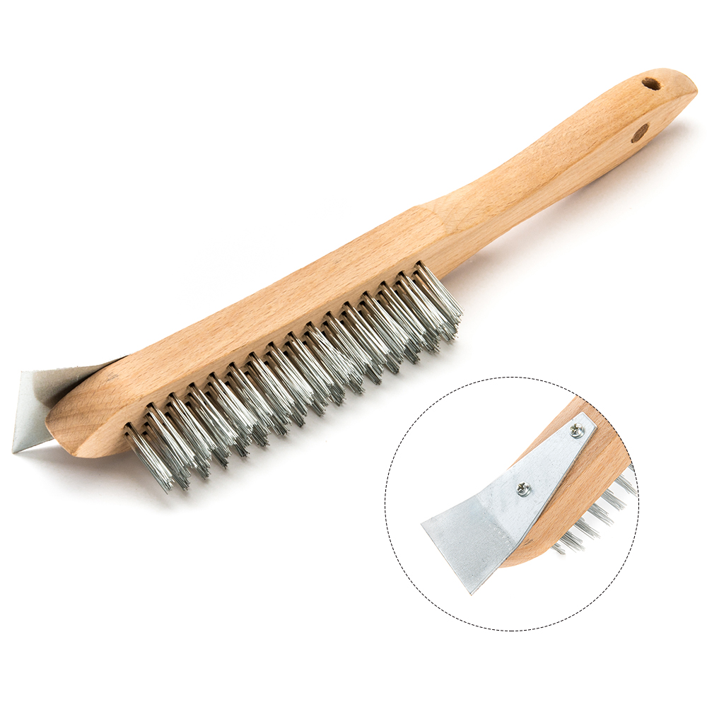Многофункциональная щетка для царапин с мини-скребком, щетка из нержавеющей стали с деревянной ручкой
