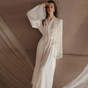 Indossa da notte Sexy in raso lungo da donna con finiture in pizzo elegante abbigliamento da notte a portafoglio <span class=keywords><strong>Kimono</strong></span> lussuoso Look in seta Boudoir da sposa <span class=keywords><strong>rosso</strong></span> - Product Image 3