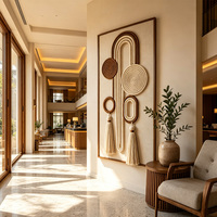 Sculpture murale minimaliste géométrique en macramé avec pompons, en corde tressée de luxe, pour salon de villa