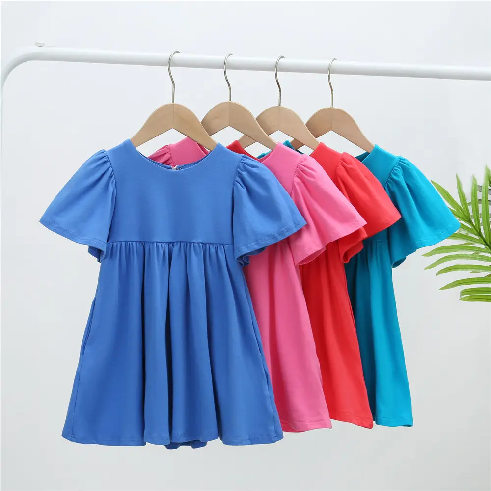 Puffy Short Sleeve Knitted Cotton 100% Cotton Solid Color Little Girl And Women Casual Wear Twirl Dresses