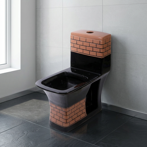 WC monobloc personnalisable en céramique avec siphon en S, design lignes or, blanc et noir, à poser au sol - Product Image 4