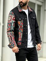 Veste en jean noire pour homme, style ethnique, patchwork, streetwear, bohème, veste de camionneur, manteau, vêtement d'extérieur