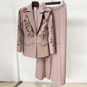 Women's Dusty Floral Embellished 2 Piece Suit - Single-Breasted & Wide-Leg <b>Pants</b> Set Womens Clothes Fashion - Product Image 4