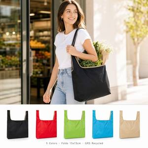 Bolsa de Compras Plegable Minimalista GRS Reciclada Tipo Tote con Ribete Beige, 5 Colores, Plega al Tamaño de la Palma de la Mano, para Compras, Viajes y Uso Diario - Product Image 1