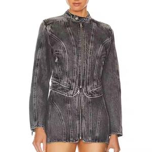 Nuevo Diseño Conjunto de Jeans de Mezclilla de Alta Calidad para Mujer, Chaqueta Corta Sexy con Cremallera, Falda en Línea A, Jeans de Mezclilla Deslavados con Efecto Ácido, Traje de Jeans para Mujer - Product Image 1