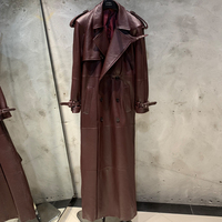 Veste longue vintage bordeaux en cuir véritable grainé pour femme avec ceinture détachable, en peau de mouton, pour printemps et automne