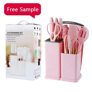 19-Piece Kitchen Gadget Tool Silicone Kitchen Utensil Set with Wooden Handle and Cuttings Board Storage Bucket