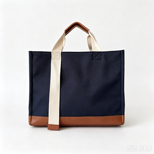 Sac fourre-tout en toile personnalisé, grand format, bleu marine avec logo blanc et finition marron, poignée épaule, sac de shopping pour usage quotidien, OEM/ODM - Product Image 6