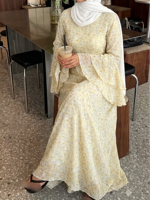 Robe Abaya en Chiffon Imprimé OEM ODM, Double Couche, Manches Évasées, Robe Longue Décontractée Islamique pour Femmes Musulmanes