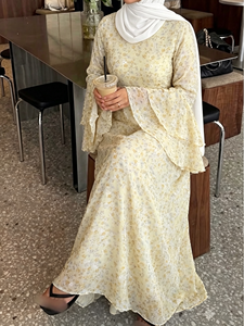 OEM ODM <b>Chiffon</b> Printed Abaya <b>Dress</b> Double Layer Flare Sleeve Modest Muslim Women Maxi <b>Dress</b> Islamic Casual <b>Long</b> <b>Dress</b> - Product Image 2