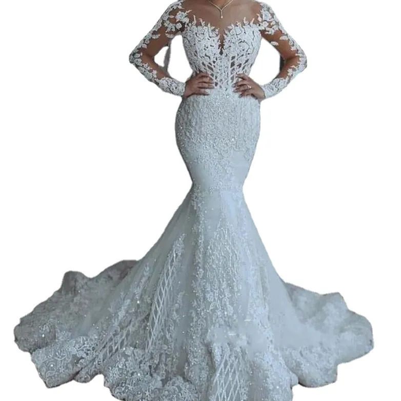 Afrika Langarm V-Ausschnitt Meerjungfrau Weiß Braut Plus Size Spitze Vestido de novia
