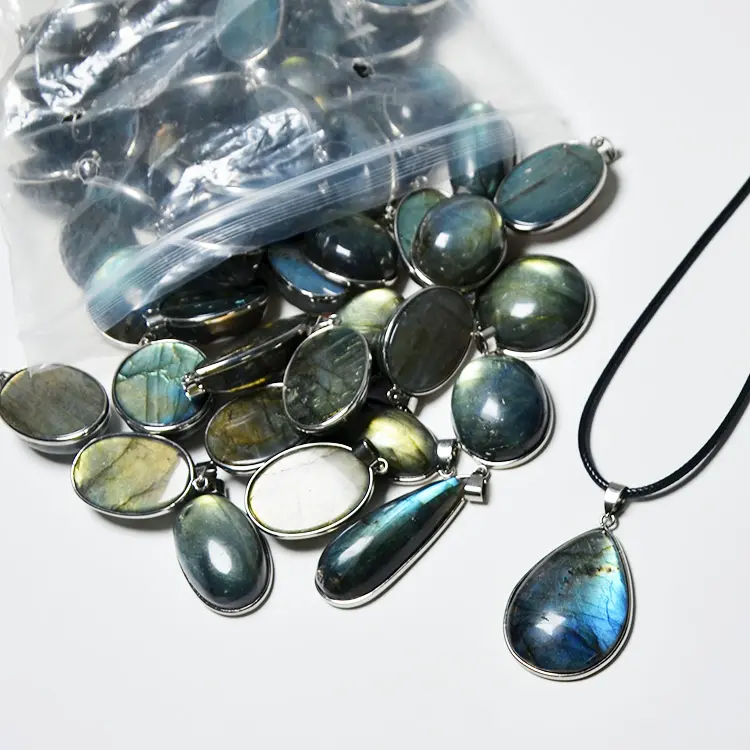 Aita Vente en Gros de Haute Qualité 20mm 30mm Ovale Goutte d'Eau Labradorite Pendentif Argent Opale Colliers Pierre Naturelle Schmuck