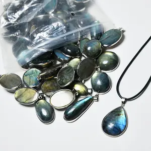 Aita Wholesale High Quality 20mm 30mm Oval Water Drop Labradorite Pendant Silver Opal Necklaces Natural Gemstone Schmuck