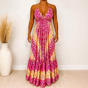 Magnifique robe longue pour femme, couleur claire, style bohème, sans manches, col en V, dos nu, fluide, pour l'été et la plage, avec ourlet à volants, assortiment varié - Product Image 1
