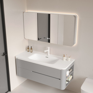 Minimalist Wall-Mounted Bathroom Vanity With Ceramic Basin And Smart Mirror 60 In Painted Finish Soft Closing Drawers - Product Image 4