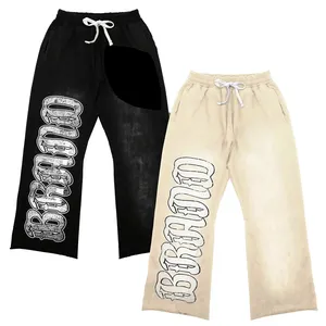 OEM Custom Logo High Quality Cotton Rhinestone Print Pants With Acid Washed Street Style Sport Pants For Man