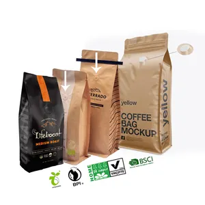 Válvula de café de embalagem biodegradável, embalagem de grau alimentar eco compostável, válvula de gusset lateral impressa personalizada, embalagem de papel de lata com válvula