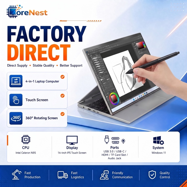 CoreNest 2026 New 14 Inch 2 in 1 Work Laptop Intel Celeron N95 360 Degree Flip Touch Screen 16GB RAM Business Tablet PC Laptop