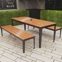 Juego de asientos comerciales para exteriores, marco de Metal y mesa de madera, dos bancos, juego de mesa de longitud personalizada, adecuado para cafeterías, restaurantes