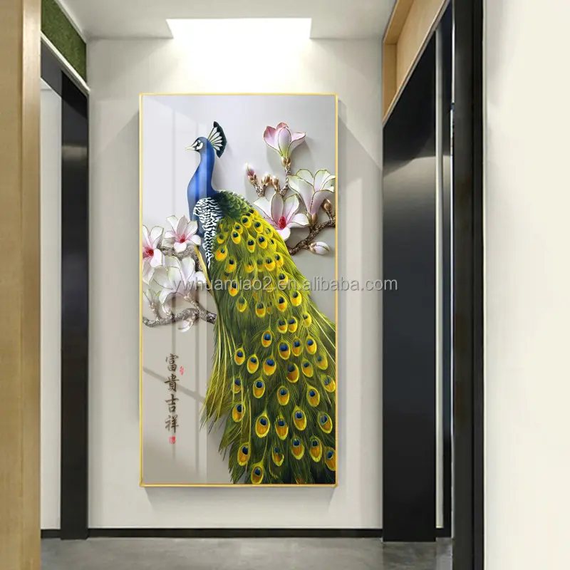 Póster con imagen de espejo de cristal para decoración de pared, pintura artística de porcelana, pavo real, venta al por mayor de fábrica