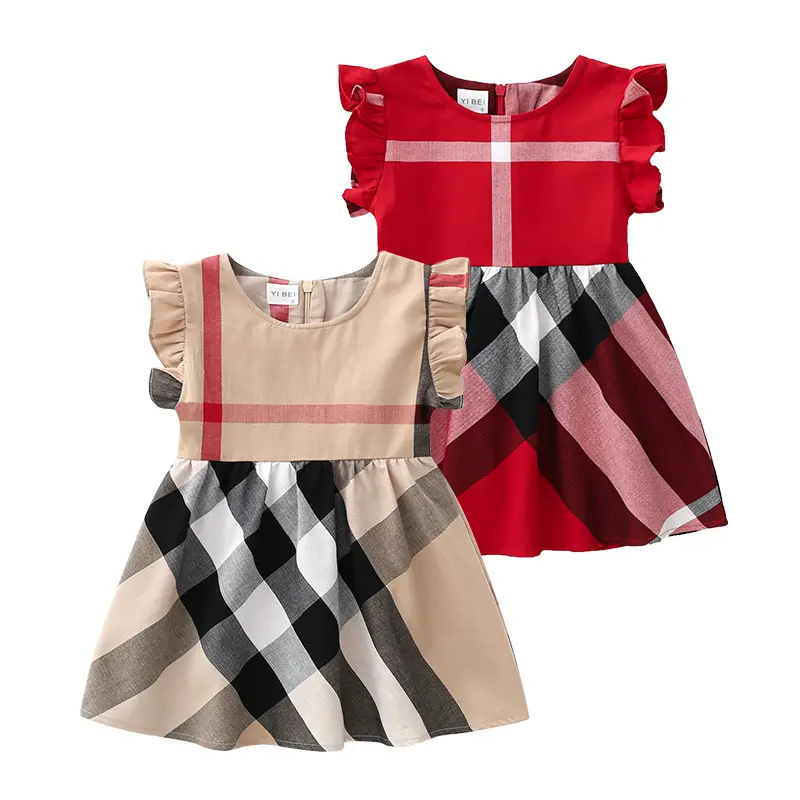 European Style Boutique Kids Clothes 100%Cotton Plaid Girls Princess Dress for Summer