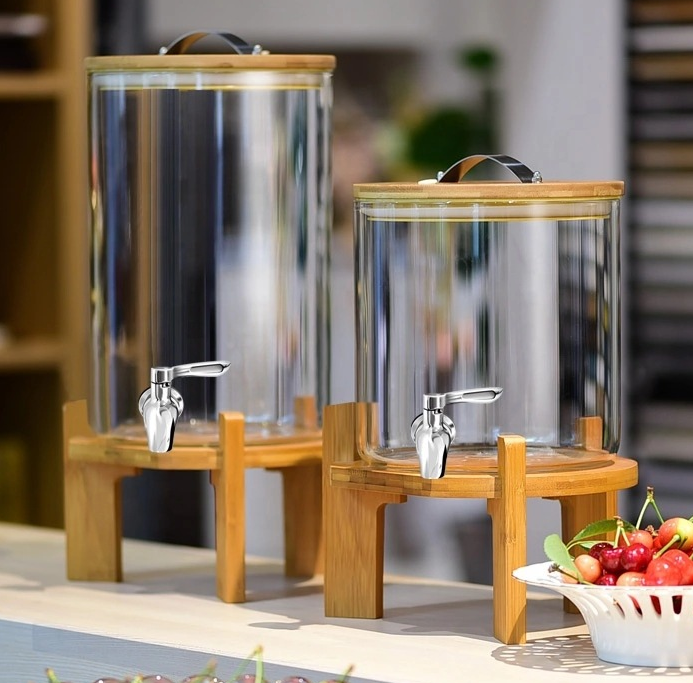 5L 7.5L 10L Glass Beverage/Beer Dispenser Wine Barrel Jar with Stainless Steel Spigot Bamboo Stand