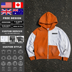 Custom Acid Wash Zip up Patchwork Rhinestone Hoodie Hooded Oversize Boxy Embroidery Graphic Print Men's Hoodies & Sweatshirts - Product Image 2