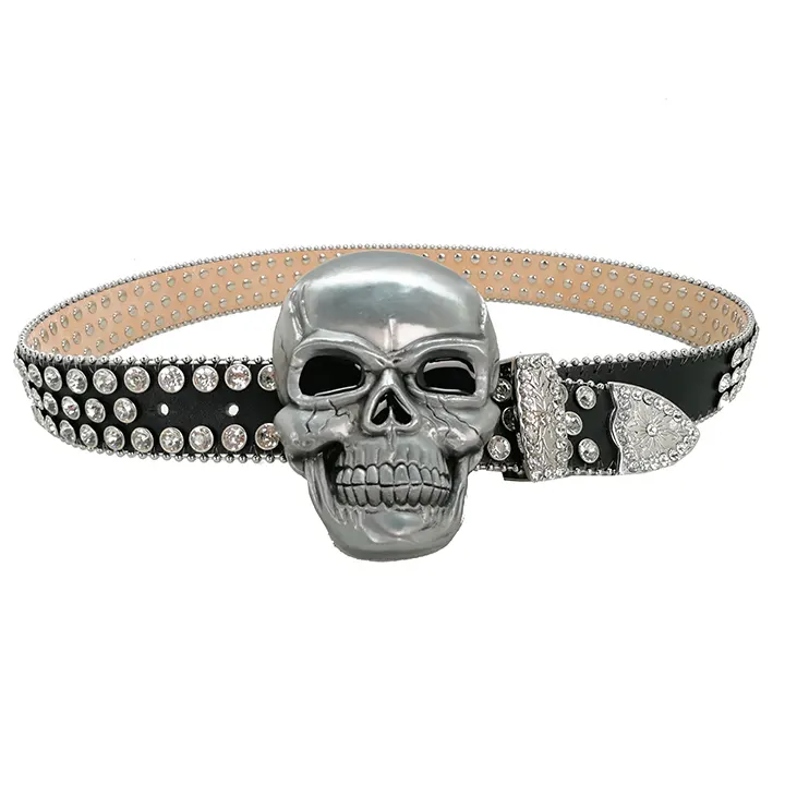 Western Cowboy Bling Bling Rhinestones Skull Belt Men Luxury Custom black Skull Studded Leather Waist Belt Strap