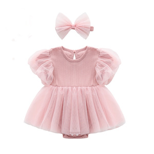 Vestitini per Neonati Stile Principessa, Tinta Unita con Maniche a Sbuffo, Tutina per Celebrazione del Primo Mese, Tutina Personalizzata per Neonati - Product Image 5