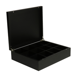 Wood Crafts Wooden Boxes Wall Signs Customized Handmade 12 Compartments Hinged Black Wooden Tea Bag Chest Box