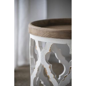 23 In Large Distressed White Side <b>Table</b> With Wooden Top And Lattice Design - Product Image 5