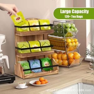 Wooden desktop tea bag and capsule organizer, <b>kitchen</b> seasoning rack, three-tier coffee storage rack with dividers - Product Image 2