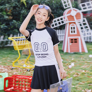 ชุดว่ายน้ำเด็กผู้หญิงแบบกระโปรงสองชิ้น แห้งเร็ว UPF 30 สำหรับเด็กอายุ 8-12 ปี สีขาว สีดำ สีชมพู - Product Image 1