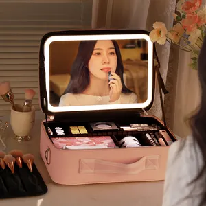 2023 Grote Capaciteit Pu Make-Up Organizer Tas Reizen Make-Up Case Met Led Licht Spiegel Rits Sluiting En Logo Patroon