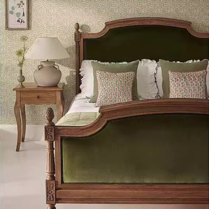 <span class=keywords><strong>Cadre</strong></span> de lit en bois massif sculpté en chêne rustique-Lit simple/double moderne rétro vieilli avec dossier doux et design princesse - Product Image 5