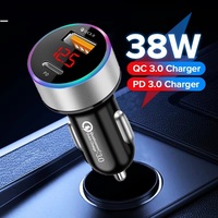 Cargador de Coche PD+USB QC3.0 38W, Cargador Rápido para Teléfono, Adaptador para Encendedor de Cigarrillos de 12-24V con Pantalla LED de Voltímetro