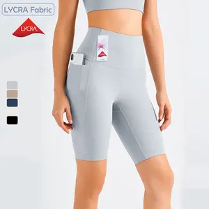 Calção feminina slim com cintura alta, bermuda curta yoga 2022 de cintura alta com bolso