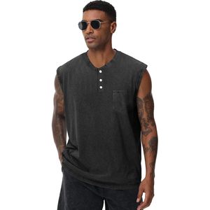 FOXA Mens Sleeveless Henley Tank Top With <b>Pocket</b> Cotton Workout Shirt Breathable Gym Muscle Fit - Product Image 3
