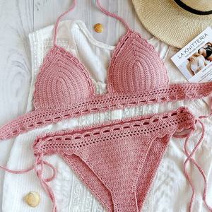 Maillot de bain deux pièces personnalisé en crochet tricoté à la main avec pompons, style coquillage, mini bikini à nouer, pour femme, idéal pour le fitness et la plage - Product Image 4