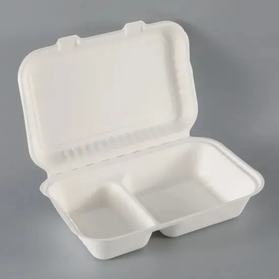 9*6 इंच Biodegradable गन्ना खोई 2 डिब्बे सीपी खाद्य कंटेनर takeout खाद्य पैकेजिंग दोपहर के भोजन के बॉक्स