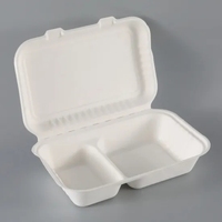 9*6 Pouces Biodégradable Canne À Sucre Bagasse 2 Compartiment Clamshell Conteneur Alimentaire À Emporter Emballage Alimentaire Boîte À Lunch