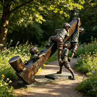 Statue personnalisée en bronze moulé à la cire perdue, quatre enfants grimpant sur une poutre, sculpture de paysage de jardin et de parc à patine vintage, statue en bronze