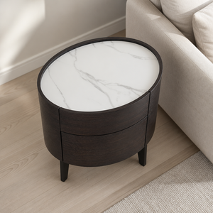 Table de chevet ovale moderne à <span class=keywords><strong>2</strong></span> tiroirs, plateau en pierre frittée blanche, placage de bois fumé, pieds coniques, fermeture douce, pour appartement - Product Image 6