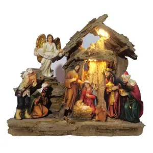 Top Grace 10 Inch Nativity Religious Statue With Led LightResin Broken Wooden Crib Christmas Decoration Outdoor