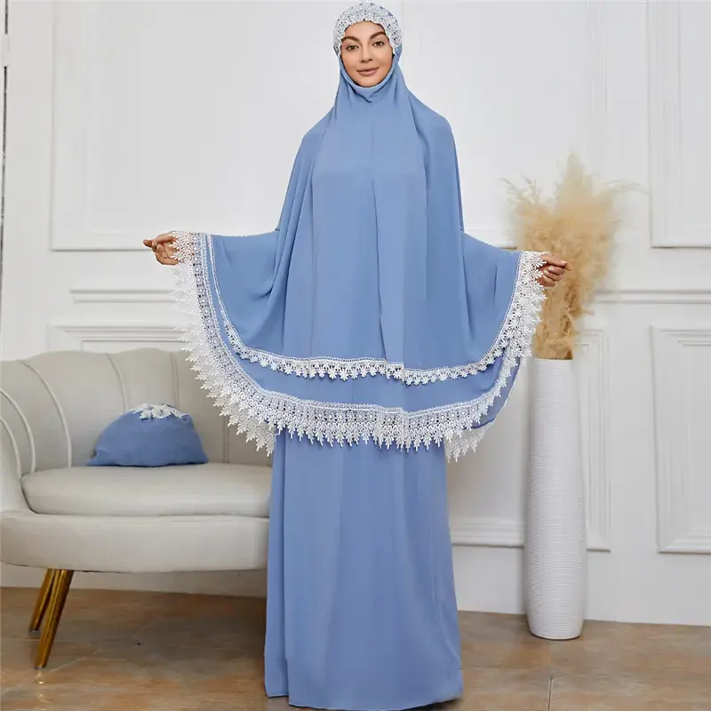 Z-3 Oração Muçulmana Garment Abaya Long Ramadan 2 PCS Jilbab Malásia Chiffon Telekung com Bainha De Renda