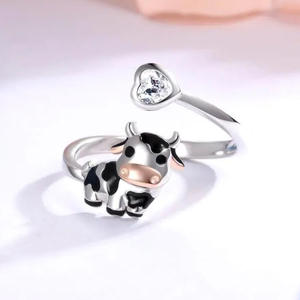Anillo de Cristal con Diseño de Vaca de Dibujos Animados T1006, Plata 925, Engaste en Bisel, Unisex, para Uso Diario - Product Image 3
